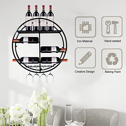 Pengfei Round Wall Mounted Wine Rack, Black Metal Wine Glass Shelf Goblet Holder, 23.6" Modern Floating Wine Bottle Organizer For Home Bar Kitchen #TOP1