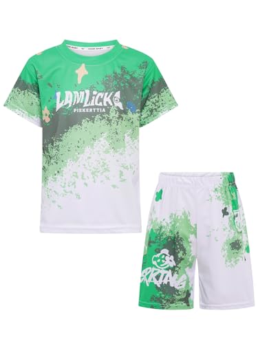 Hansber Kids Boys Gradient Clothing Sets Loose Athletic Performance T-Shirt with Shorts Casual Wear Green 13-14 Years3