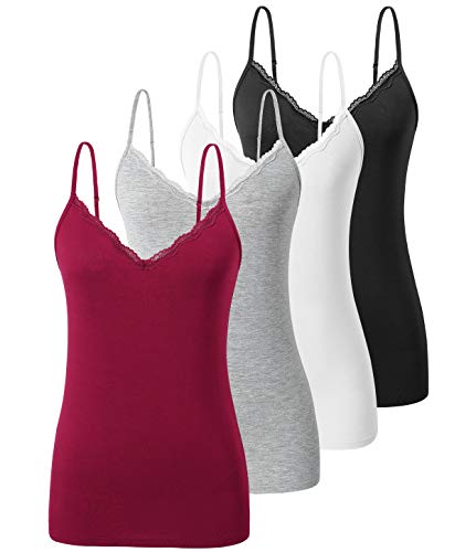 vislivin Camiseta para Mujer Camiseta Sin Mangas con Encaje Top Sin Mangas de Cuello en V Camisola Negro/Blanco/Gris/Vino Rojo L