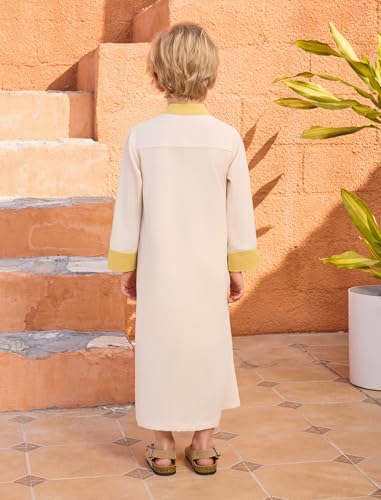 Image of OBEEII Boy's Muslim Arab Solid Color Thobe Long Sleeve Kaftan Embroidered Robe Islamic Arabic Abaya Thobe