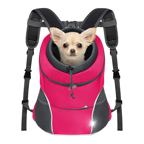 YUDODO Dog Front Carrier Backpack, Adjustable Breathable Pet Carrier for Small Dogs, Ventilated Puppy Back Pack with Safety Belt, Lightweight Doggy Backpack for Hiking Outdoor (Rose, M: 4.5-8 lbs)