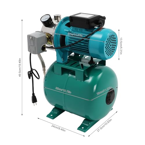 LOHISHILO 1HP Shallow Well Pump with Pressure Tank, 3420 r/min Irrigation Jet Pump with 6.34-Gal Pressure Tank Automatic Booster System for Home, Farm, Pool, Maximum Head 147.64ft, 110V Green - Thumbnail 2