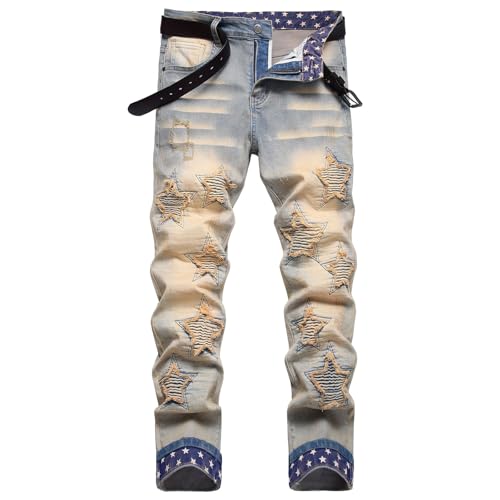 Men's Casual Denim Pants Slim Fit Stretch Comfy Print Straight Leg Jeans Classic Western Denim Trousers with Pockets