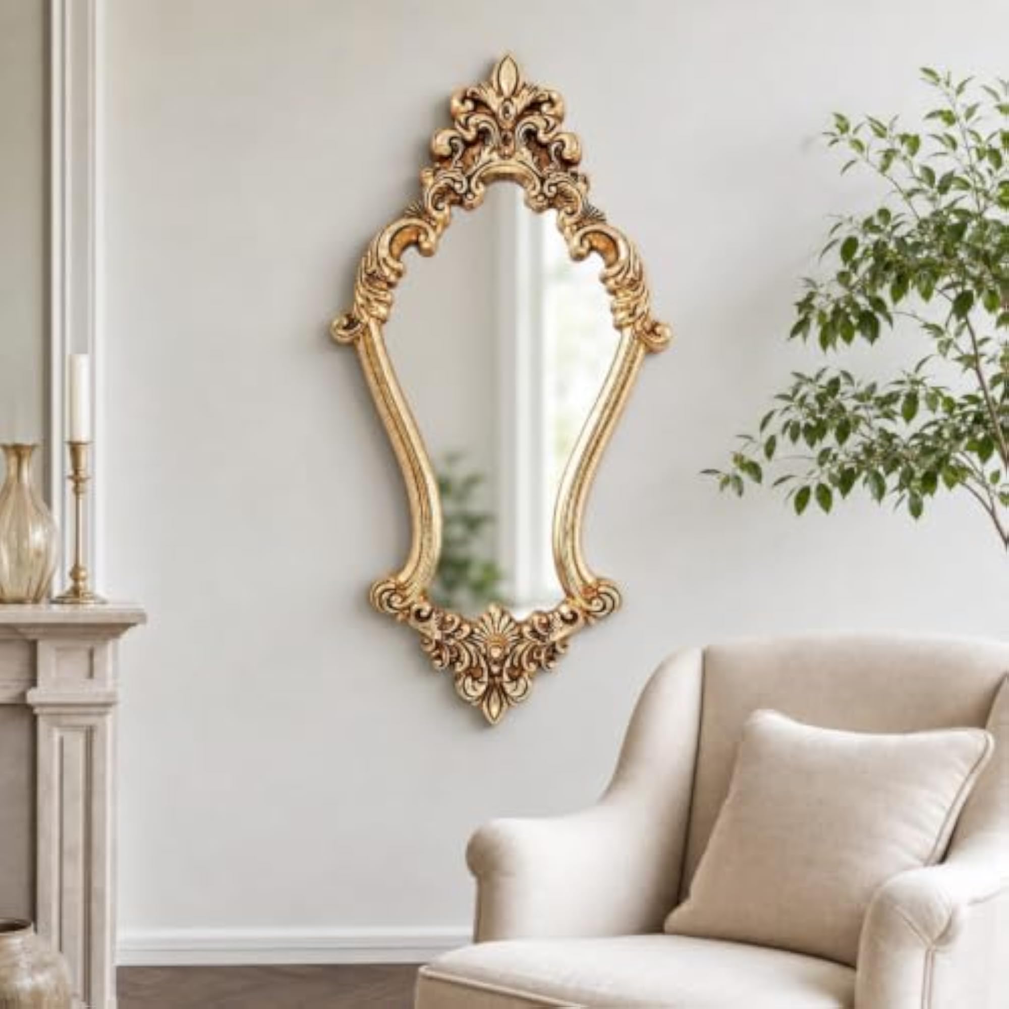 Ornate Gold Wall Mirror with Chain