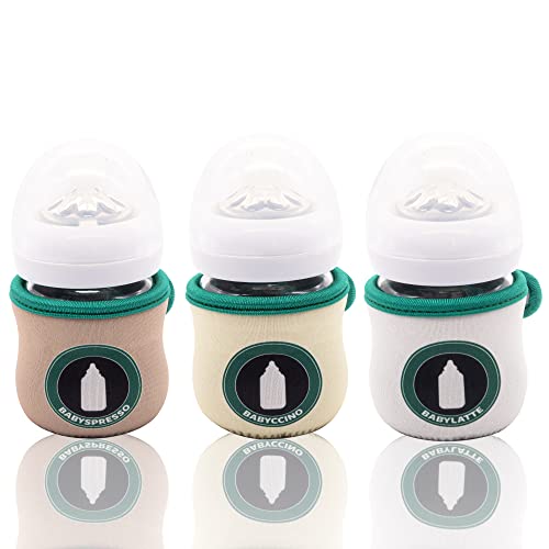 Image of Kanudle Sleeve Covers for 4 oz Philips Avent Glass Baby Bottle | Adjustable Sleeves | Heat and Cold Retention | Neoprene - Juice Cleanse | Non Slip Grip | Set of 3… (Babyccino)