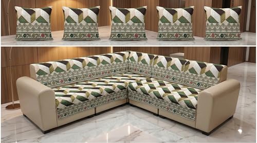 Image of Luxury Sofa Cover L Shape 5 Seater with Matching Cushion Cover 16x16 inch - Royal Green Chevron 3+2 Seater (5 Seater) Quilted Sofa Cover Set Pack of 10, Washable, Green Multicolor