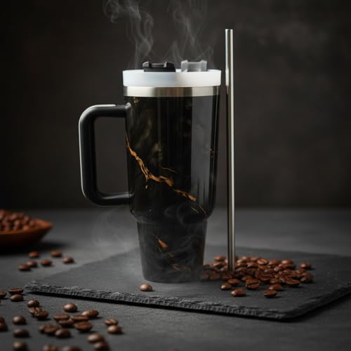 Image of Insulated Tumbler with Handle and Straw | BPA Free Reusable Travel Mug with Straw Mode Lid | Stain & Odour Resistant | Easy to Clean Drink Cup for Hot & Cold Beverages (Black)