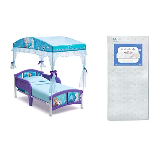 Delta Children Canopy Toddler Bed, Disney Frozen + Delta Children Twinkle Galaxy Dual Sided Recycled Fiber Core Toddler Mattress (Bundle)