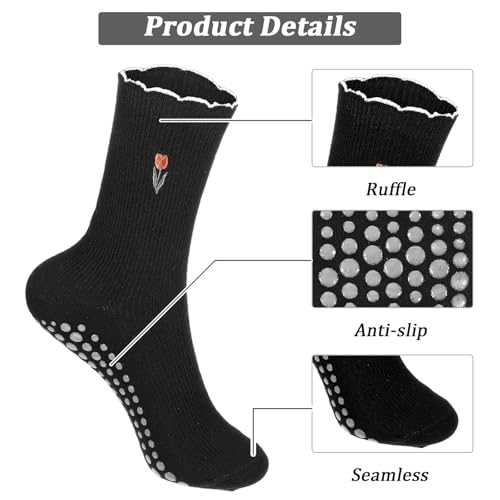 Cute Non-Slip Grip Pilates Yoga Socks, Women's Cute Ballet Socks with Ruffle Cuff Embroidery Design3
