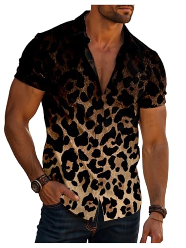VIPWOLF Men's Leopard Print Shirt Top Button Down Short Sleeve Vintage Cheetah Shirts Brown Ombre Large