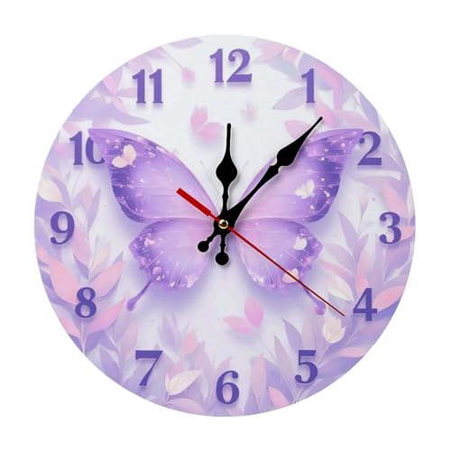 Purple Butterfly Lavender Floral 2 D Round Wooden Silent Wall Clock 10 in product photo