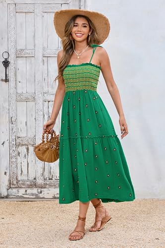 Image of R.Vivimos Womens Summer Cotton Boho Midi Dress 2026 Spaghetti Strap Floral Embroidered Smocked Tiered Flowy Long Dresses