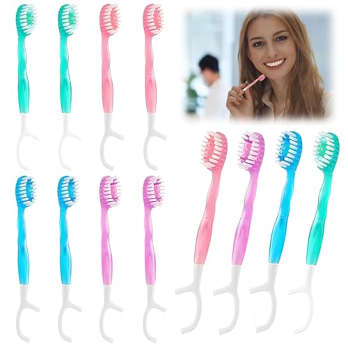 JUGUTA 12Pcs Mini Cepillo Dientes Viaje Portátil, 5 En 1 Cepillos De Dientes Desechables Con Pasta, Hilo Dental, Palillo De Dientes, Raspador De Lengua, Envueltos Individualmente Cepillo De Dientes