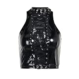 Women's Leather Goth Cowgirl Top Cami Sexy Punk Rock Halter Bustier Hollow Out Crop Tank Top