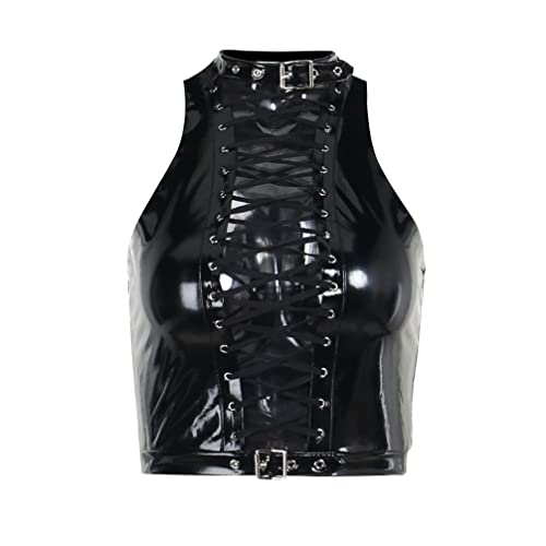 Women's Leather Goth Cowgirl Top Cami Sexy Punk Rock Halter Bustier Hollow Out Crop Tank Top #TOP14