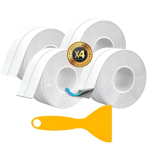 GARAY® SUPER PACK x4 Cinta Selladora Baño PREMIUM + Espatula | Cinta Adhesiva Impermeable Autoadhesiva | Antimoho Pared | Para Coche, Bañera,Puerta, Ventana, Fregadero De Cocina | Cinta selladora