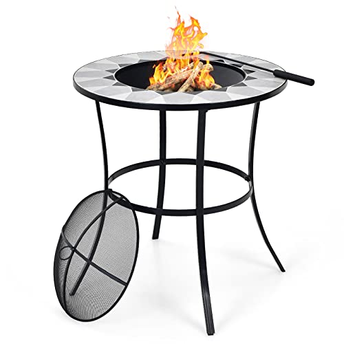 Giantex Fire Pit Table, Outdoor Fire Pit With Mesh Cover, Fire Poker, Tile Tabletop, Round Wood Burning Fire Table For Outside, Patio, Backyard, Garden, Camping 23.5 Inch Small Fire Pit #TOP15