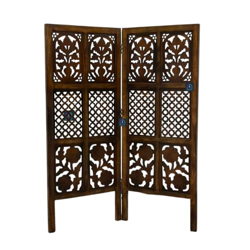 Image of Wooden Room Partition Screen with Burnt Wood Finish | Hand Buffed Traditional Handicraft Room Divider | 6 Ft Height Indoor Room Separator (2 Panel 4 Feet)
