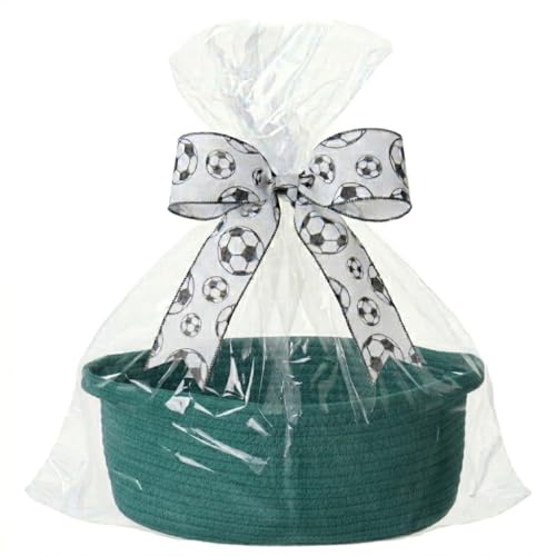 Image of Small Woven Gift Basket Empty - 12 inchx8 inchx5 inch, Green /Soccer Ribbon