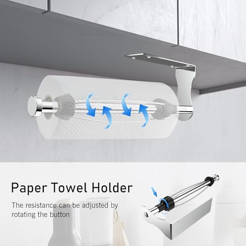 Image of SetSail Paper Towel Holder, Single Hand Operable Paper Towel Holder Under Cabinet with Adjustable Damper Easy Tear Wall Mount Self-Adhesive or Drilled for Kitchen Bathroom, Mirror Silver
