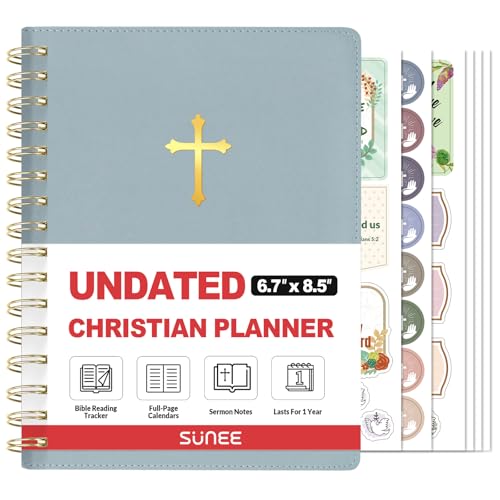 SUNEE Christian Planner - Undated 12 Month Bible Journal and Prayer Planner A5 Spiral Bound Monthly & Weekly Christian Organizer Gifts for Women Men (Grey Blue)