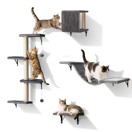 Eukue Kletterwand Katzen Set, 4 in 1 Stabilen Katze kletterwand Set, Indoor Wand Kratzbaum, Katze Wand Regal mit mit Katzenhaus, Katzenbrücke,...
