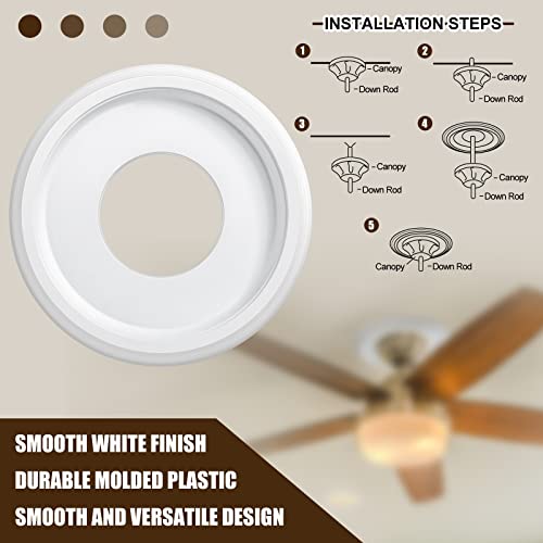 Moukeren 4 Pieces Ceiling Medallion Molded PU Ceiling Fan Medallions for Light Fixtures 9.8\" OD x 4\" ID Smooth White Finish Light Cover for Home Chandeliers Round Ring Plate Decor - Thumbnail 3