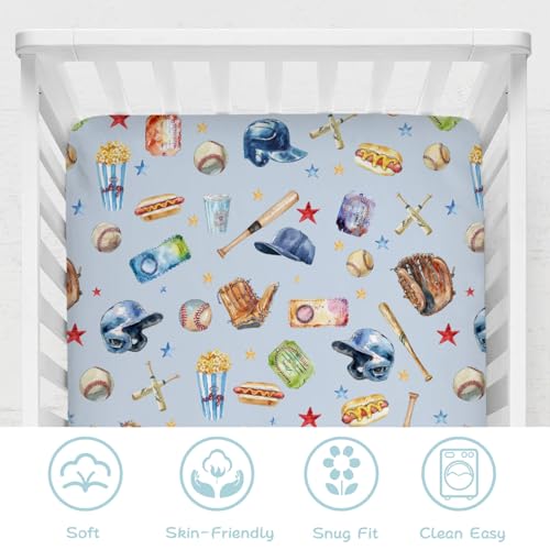 Image of Watercolor Baseball Baby Crib Sheets 52''x28'' Patriotic American Sports Stretchy Fitted Mattress Cover for Boy Girl Outdoor Sports Lovers Soft Baby Sheets for Standard Crib and Toddler Mattress