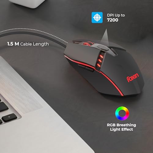 Image of Foxin Phantom GM 103 USB Wired Gaming Mouse with Upto 7200 DPI Gaming Sensor | 6 Buttons | Upto 10 Million Clicks | RGB Lighting | Ergonomic Design | 1.5m Cable (Black)