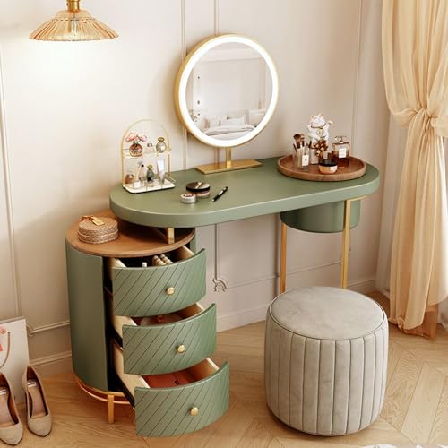 POVISON Modern Makeup Vanity Table with LED Lighted Mirror, Very Easy to Assemble, Dressing Table with Movable Tray Top, 3 Solid Wood Drawer, without Stool, 43