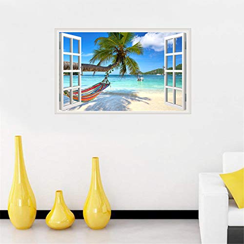 Rajahubri Beach Seascape Window Wall Sticker Palm Tree And Hammock Fake Window Wall Decals Removable Tropical Sea Window View Wall Stickers Decal For Living Room #TOP1