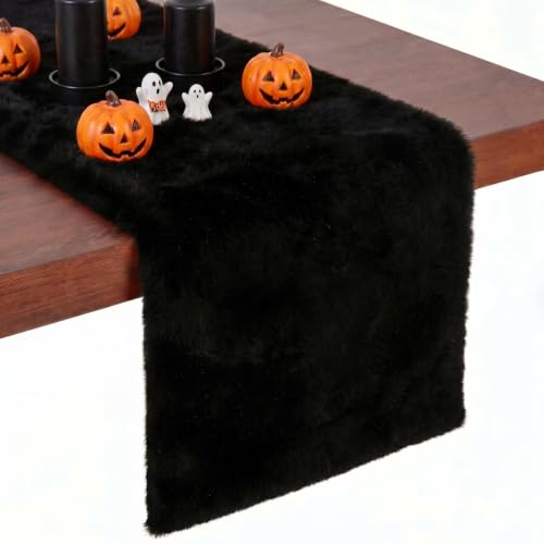 Black Faux Fur Dresser Runner, Soft Fluffy Coffee Table Nightstand Cover