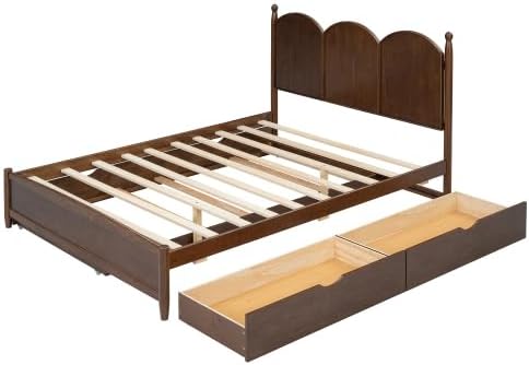 Bellemave Queen Size Platform Bed with 2 Drawers & Trundle, Wood Queen Bed Frame with Curved Headboard & 4 Rounded Pillars (Walnut/Classic)