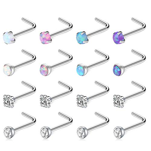 Zolure 18G Surgical Steel 1.5mm 2mm 2.5mm 3mm Jeweled Opal & Clear CZ Nose L-Shaped Rings Studs Ring Body Piercing Jewelry 8-16PCS