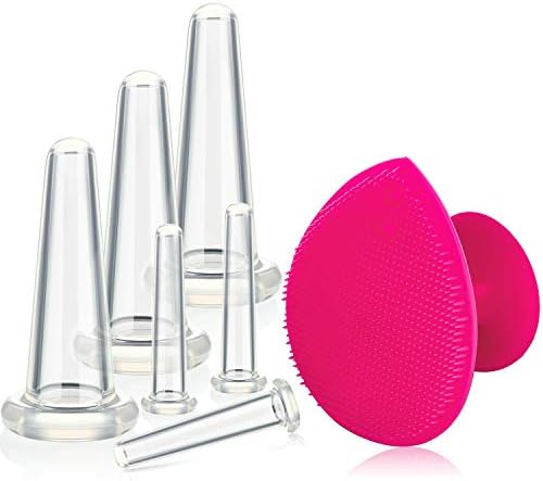 Silicone Facial Cupping Set, Vacuum Massage Cup Kit for Body, Face, Neck, Back, Eye, 6 Cups and Exfoliating Brush for Skin Care, Anti-aging and Anti-Wrinkle Beauty Tool (Small Medium, White)