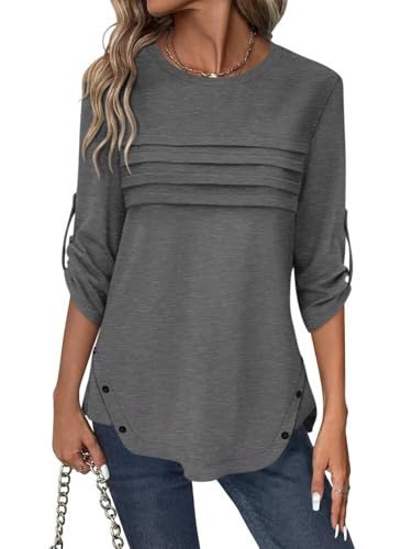 Women's 3/4 Length Rolled Sleeve Tunic Tops Pleated Crew Neck T Shirts Both Side Buttons Summer Blouses