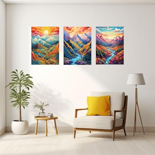 Poster géant mural montagne abstrait jaune bleu peinture triptyque