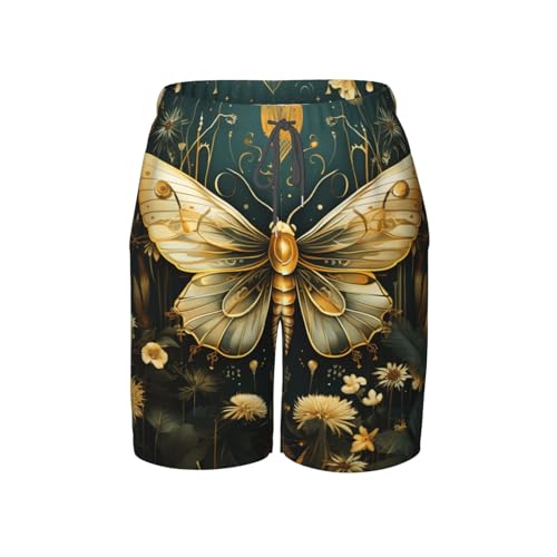 Boys Beach Board Shorts Swim Trunks Quick Dry Swimwear Kids Youth, Gold Hawk Moth Fireflies Art