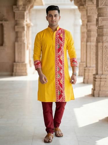 Image of Men's Jamdani Printed Kurta Pajama Set | Pure Cotton Ethnic Kurta with Mandarin Collar & Dupion Silk Pyjama | Festive & Weddings 303A12A 303SB12B(M XXL)