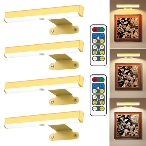 4Pack Wireless Picture Light with Remote,Battery Operated Wall Sconces for Wall Decor,3 Color Timer&Dimmable Paintings Light LED Art Display Lamp Picture Frame Light for Artwork Posters Gallery-Gold