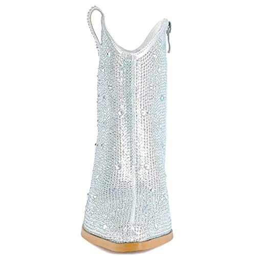 Seborluys Women's Rhinestone Cowboy Boots With Crystals Chunky Glitter Western Ankle Boots Wedding Cowgirl Boots For Bride Size 6.5,Silver #TOP2