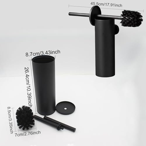 Image of Toilet Brush and Holder Set,Stainless Steel Round Toilet Bowl Brush Holder Wall Mounted,Toilet Brush with Lid Cleaning Toilet Brush Set for Bathroom,Matte Black