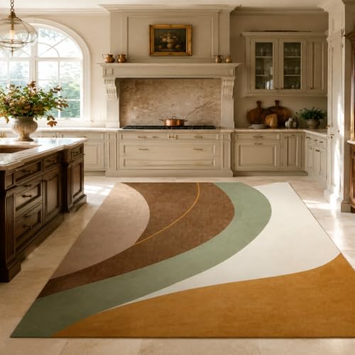 Tapis tableau géométrique abstrait moderne multicolore marron vert orange 70 x 100 cm