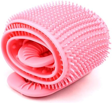 35 inch Silicone Back Shower Scrubber, Long Bath Exfoliating and Massage Belt Brush for Men and Women (Pink)
