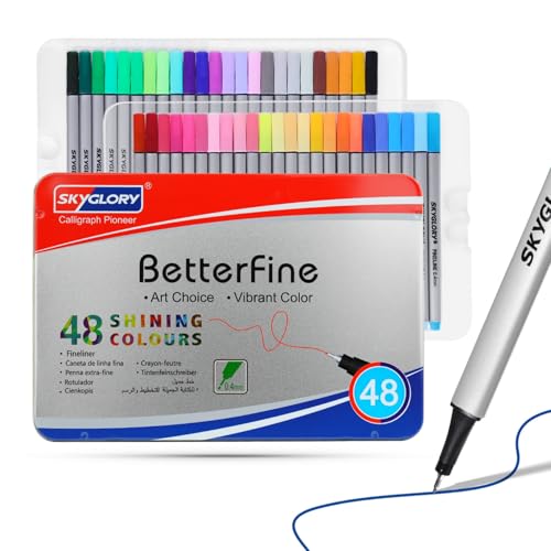 SKYGLORY 48 Colours Fineliner Pens Set-0.4mm Fine Tip with Free Colouring Card & Drawing Pad Colour-Matched Caps for DIY Craft & Adult Colouring with Metal Case (48)