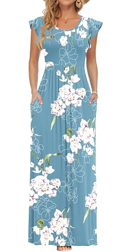 AUSELILY Women's Casual Short Sleeve Loose Maxi Dresses Summer Round Neck Stretchy Long Dresses with Pockets Floral Light Blue, XL