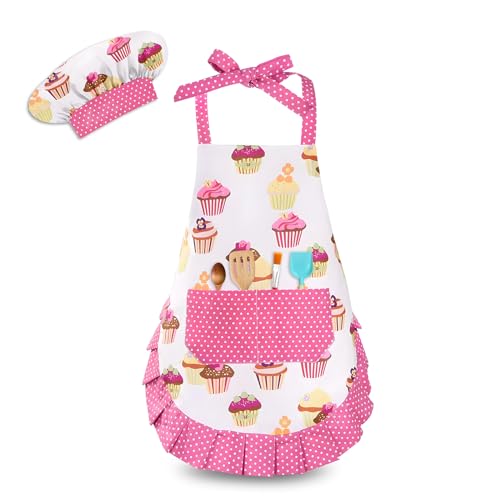 HKKDKTA Kids Aprons for Cooking,Kids Chef Hat and Apron with Large Pocket for Baking Cupcake kids Apron for 6-12 Years
