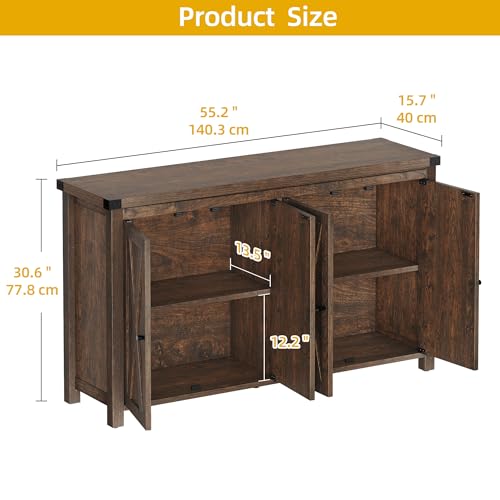 DWVO Farmhouse Sideboard Buffet Cabinet with Storage, 55'' Kitchen Storage Cabinet with Doors, Large Coffee Bar Cabinets with Adjustable Shelves for Kitchen, Living Room, Brown