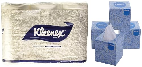 Image of Kleenex 2 ply Toilet Paper Tissue Roll, 6 Rolls, 160 Pulls /Roll (Total 960 Sheets) (3613C) and Kleenex 2 ply Facial Tissue Cube Box, 80 Pulls, Pack of 4 (Total 320 Sheets) (60042)