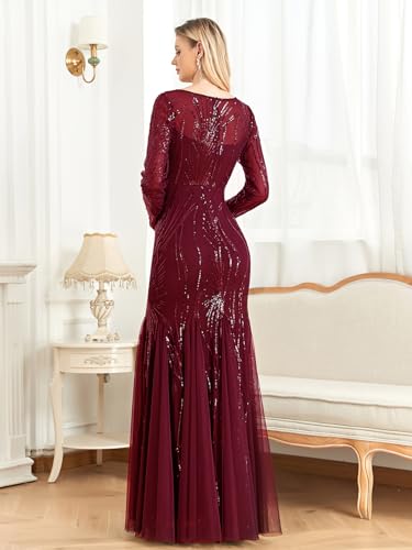 Image of Long Sleeve Sequin Evening Dress Glitter Mermaid Long Gown for Mother of The Bride Or Wedding Guest